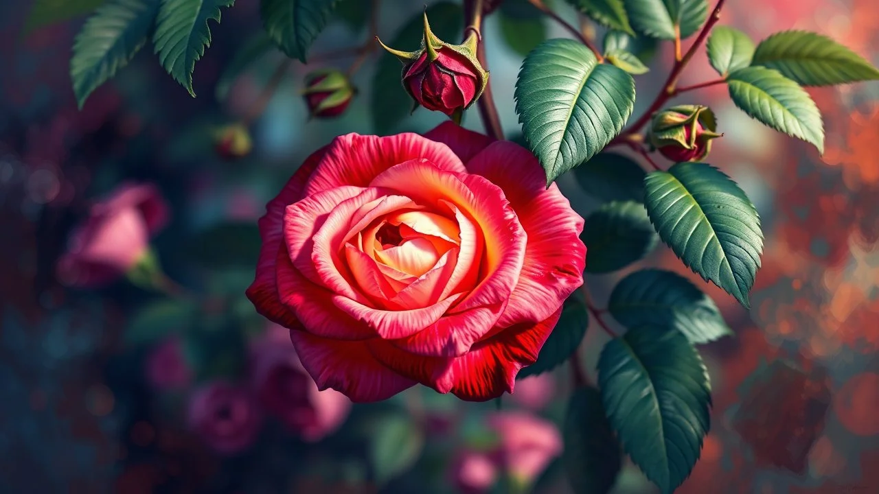Climbing rose, background. Majestic, Gorgeous, epic, beautiful. Realistic. Digital oil painting art, vibrant colors, high quality, digital painting in 24 colors, vivid colors. Masterpiece, perfect composition. Clear image. Centered image. Ultra HD. 64K. Art by Willem Haenraets.