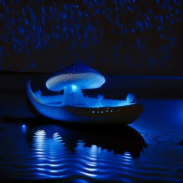 a noctilucent boat made of a mushroom on the ocean at night by artist "Michiel Schrijver",by artist "Leonora Carrington",by artist "Pinhole Photography"