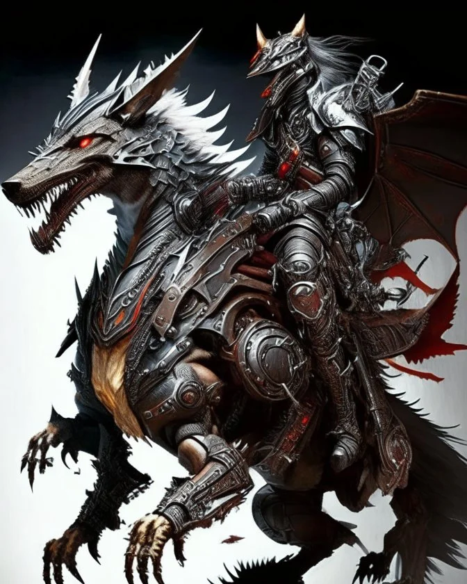 A combination of a dragon and a wolf and a commander riding on it Warrior warrior with leather and metal clothes and robotic metal