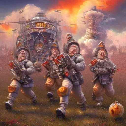 BigApple!! in cloud on scale, marching boots, big guns! Beercan,twisted,acid trip high resolution computerpainting