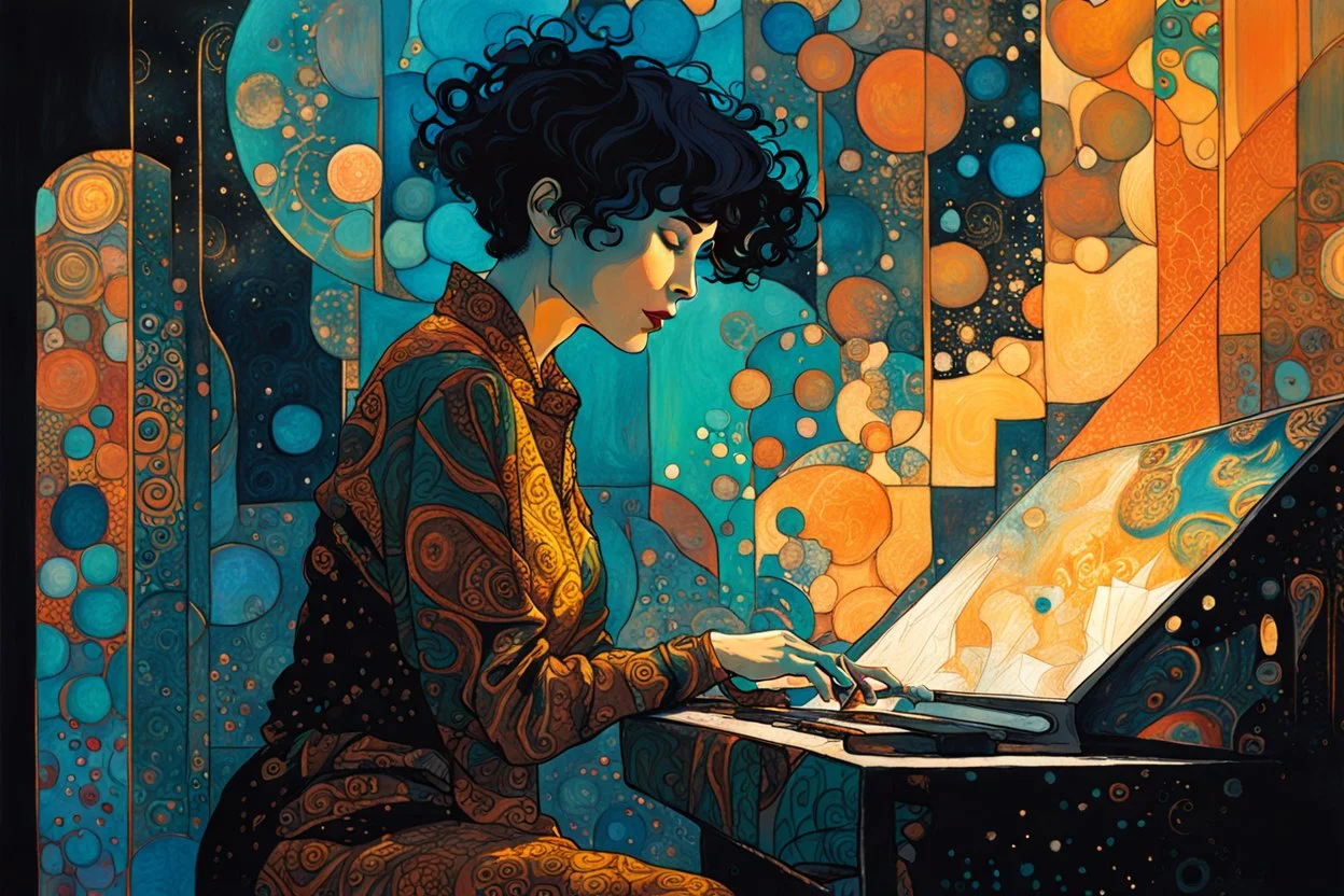 create an abstract expressionist, highly ethereal, darkly magical illustration of a deeply sorrowful, woman with short cropped hair, at her piano in a smokey nightclub, with highly detailed and deeply cut facial features, in the style of GUSTAV KLIMT, PABLO PICASSO, combined with the comic art style of BILL SIENKIEWICZ and JEAN GIRAUD MOEBIUS, searing lines and forceful strokes, precisely drawn, boldly inked, and darkly colored