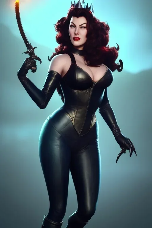 Ava Gardner as evil queen in black leather, busty, cleavage, curvy, angry, stern look. character design by cory loftis, fenghua zhong, ryohei hase, ismail inceoglu and ruan jia. unreal engine 5, artistic lighting, highly detailed, photorealistic, fantasy