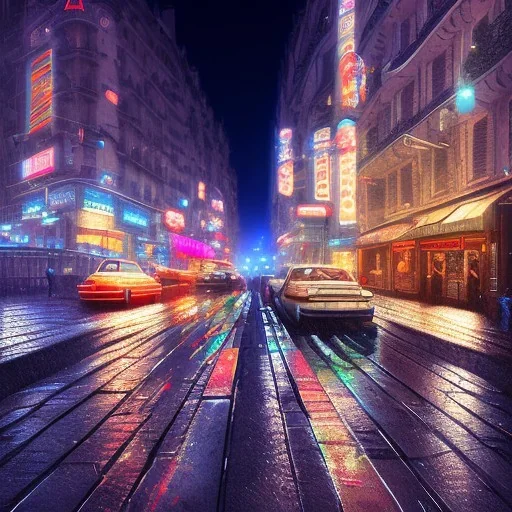 Cyberpunk street view in night , paris , rain, ground reflection