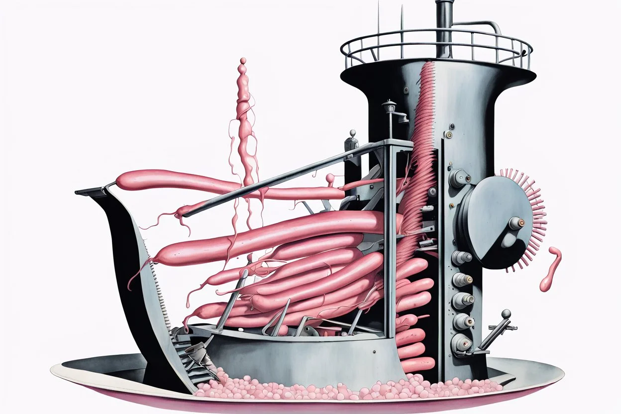 Album art by Gerald Scarfe, by Yves Tanguy, side view of a surreal english school shaped like a sausage maker machine with a mechanical crank, uniformed faceless students fall into the chute and pink slime sausage strands are squeezed out the grinder, surreal, digital art, sardonic, splash art.