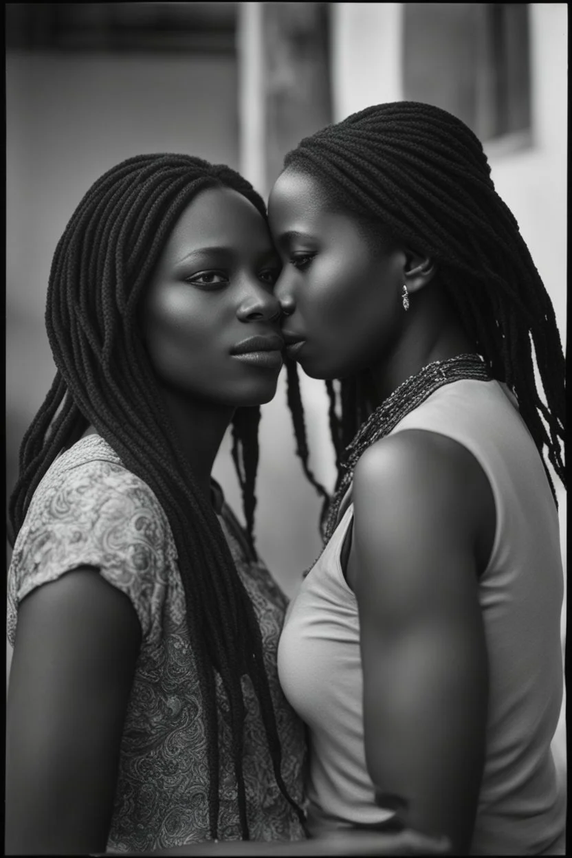 Photo of two young women who love each other. Polish and Nubian. Photo taken by a Mamiya M645 camera with a portrait lens on classic medium-format film.