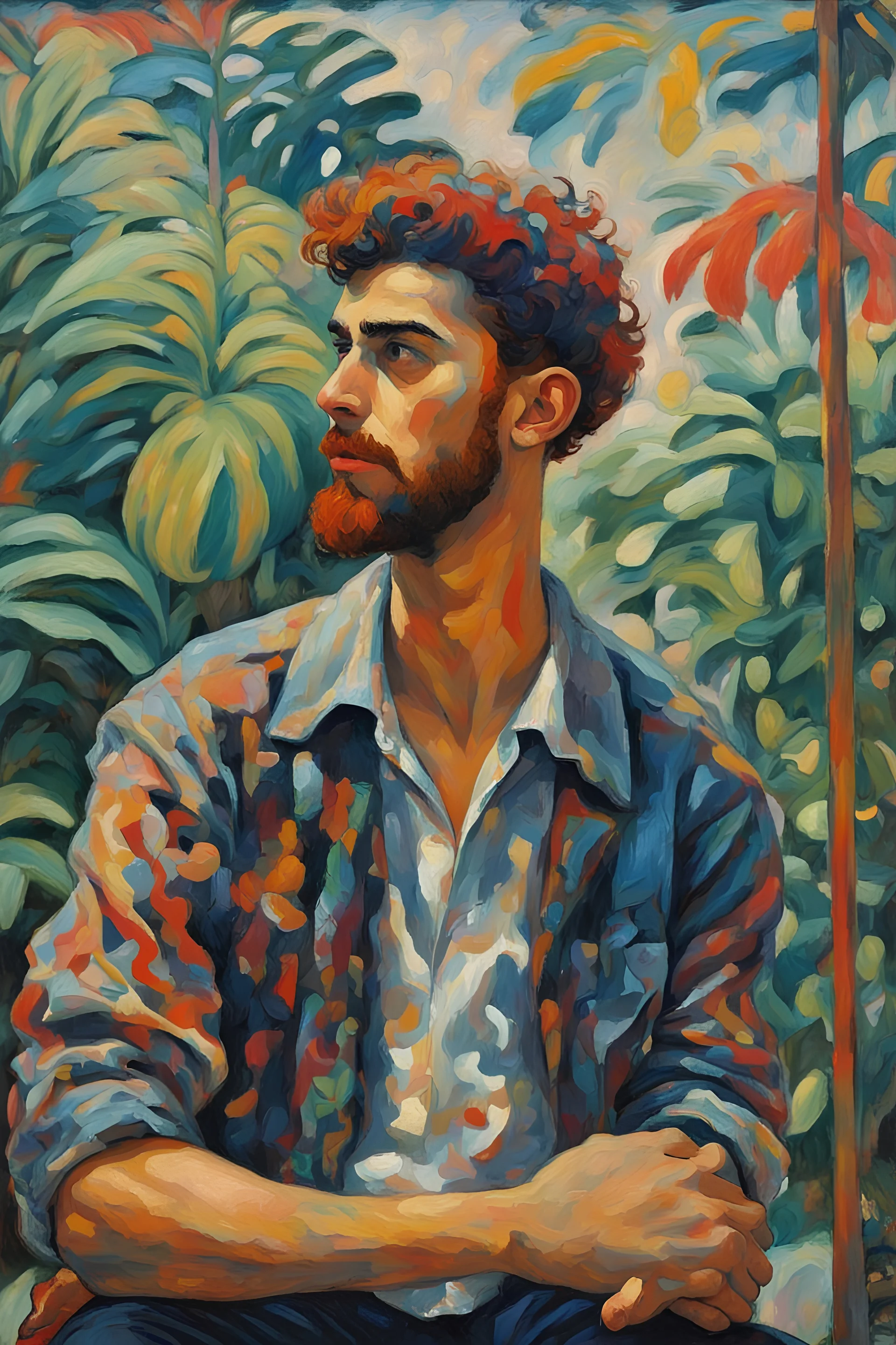 Louis Valtat oil painting tufting tapestry a dreaming young beard colored punk guy in the pop '80s tropical greenhouse rainy day lights oil painting art