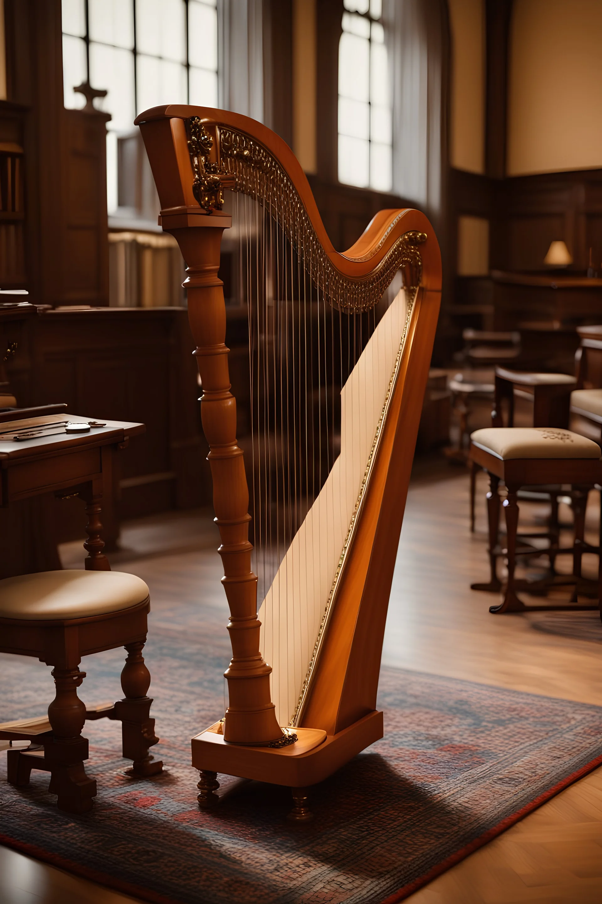 4k hdr photography of a highly detailled a single-action pedal harp in a reading room, view from slightly above, focus on the harp, background is out of focus, clear crisp light.