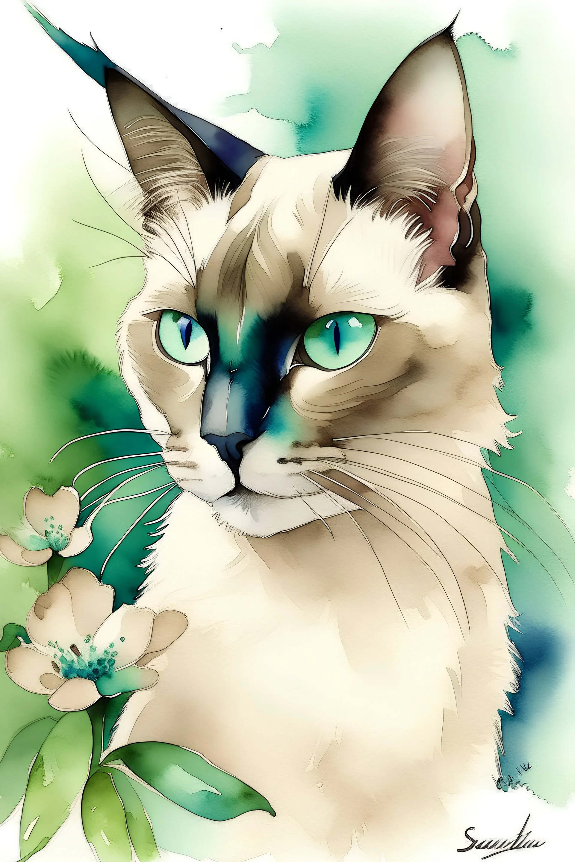 Watercolor, Balinese cat, beautiful, green eyes, with a flower on head, friendly, happy