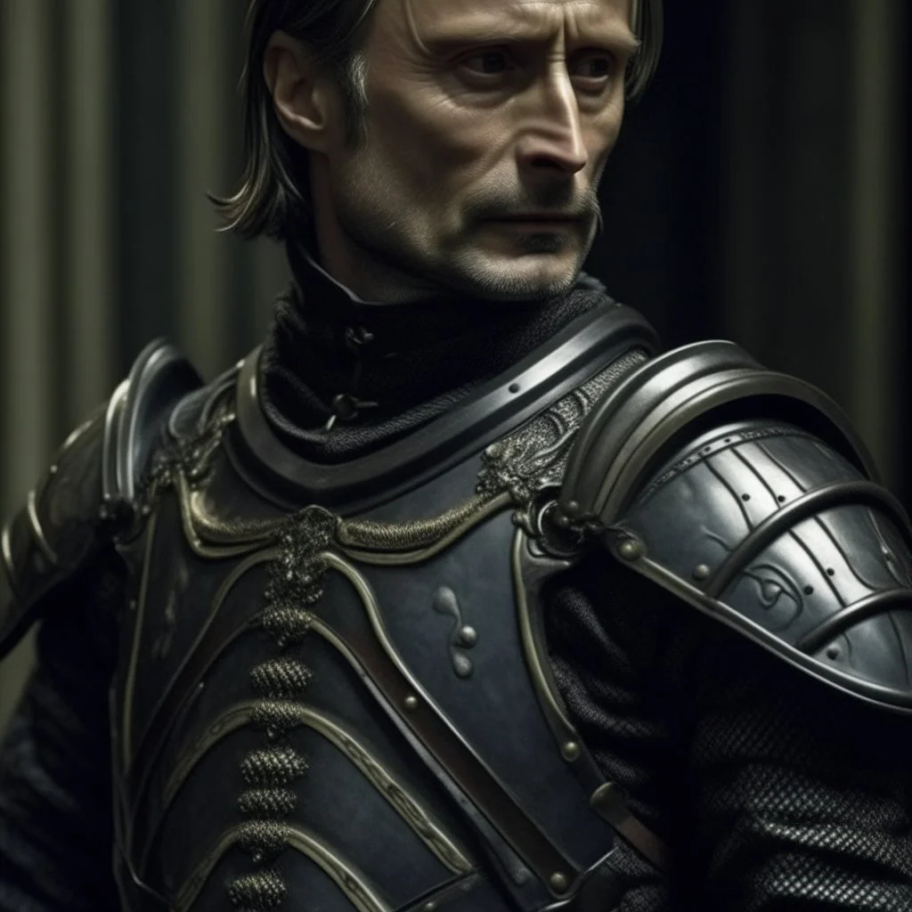 mads mikkelsen dresses in knight's armour, head in frame, high quality photo