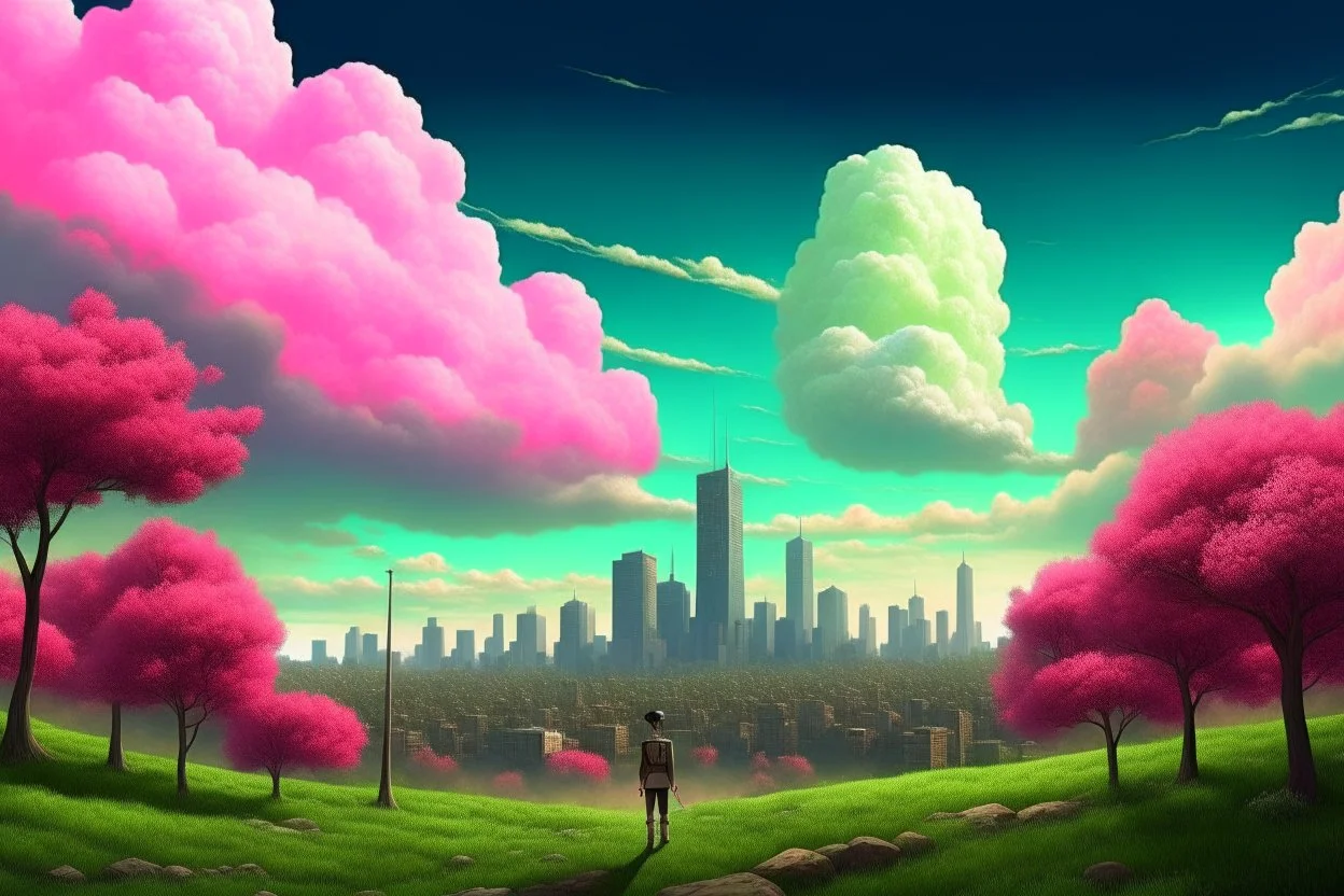 city, sci-fi, clouds, spring trees, people, gary numan influence