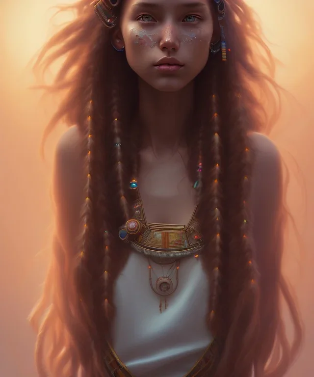 girl, cute, beautiful, Native American, head and shoulders portrait, 8k resolution concept art portrait by Greg Rutkowski, Artgerm, WLOP, Alphonse Mucha dynamic lighting hyperdetailed intricately detailed Splash art trending on Artstation triadic colors Unreal Engine 5 volumetric lighting, long hair, brown eyes, black hair, clean face