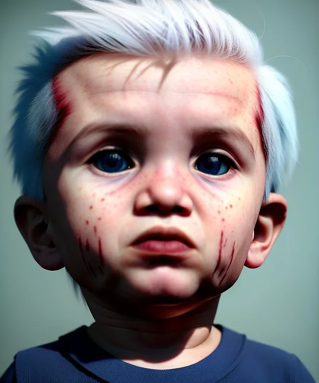 Pedro almodovar toddler, full body, white hair, diagonal shirt, dramatic lighting, hyper realistic