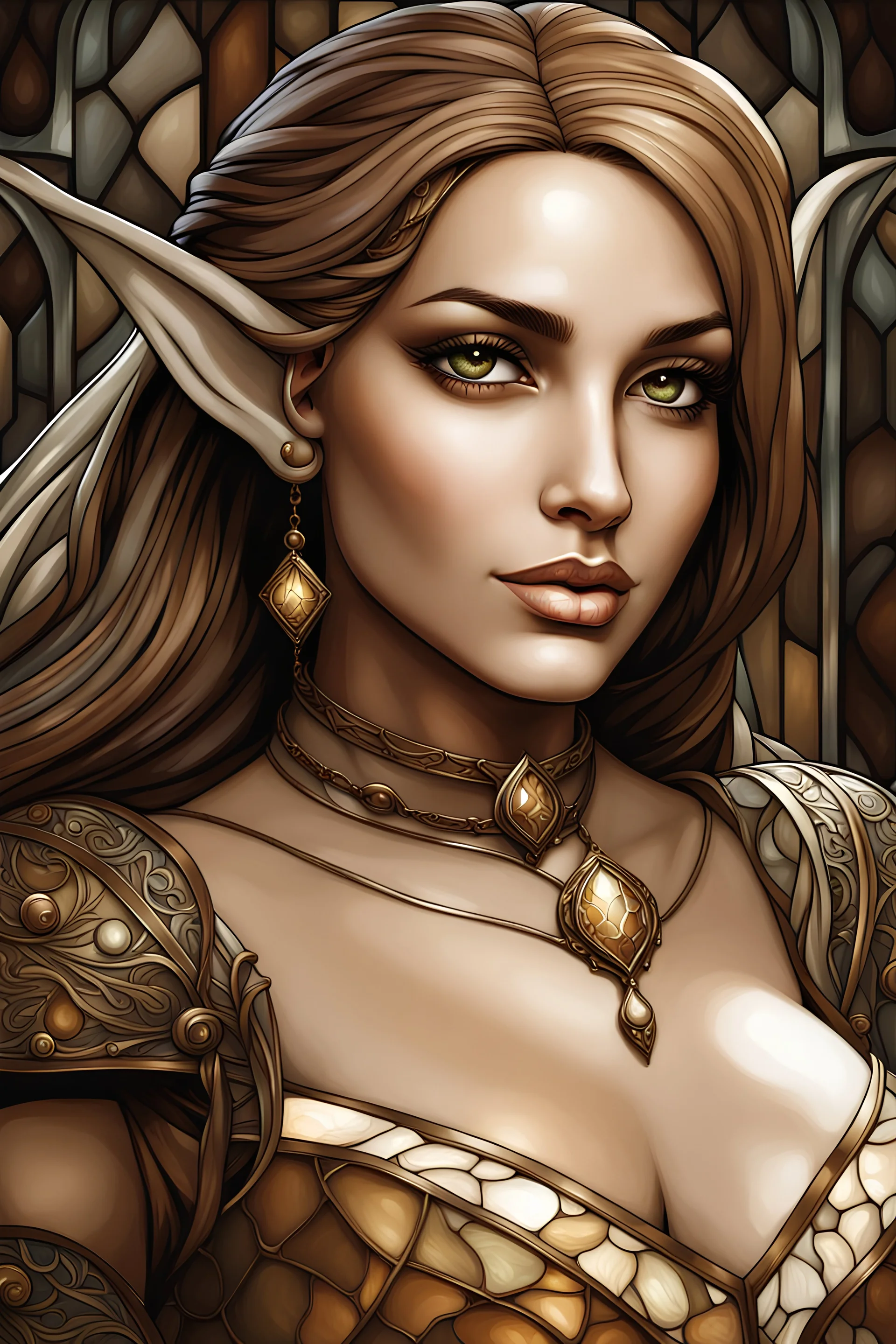 In the art style of Karem Beyit: sepia tone, a ((stained glass)) portrait of a elf