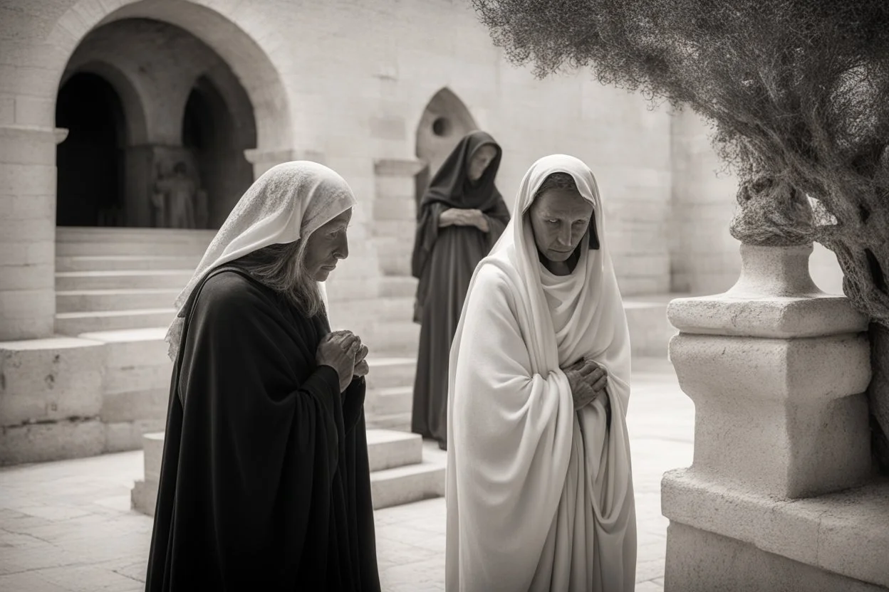 two women is a vision that stirs my soul, The Mount of Olives, with its ancient olive trees whispering tales of centuries past: In front of the hallowed sepulchre, two women standing in silent vigil. Their faces, etched with sorrow and resilience, mirror the timeless grief of the original Pietà, yet their presence speaks to a different narrative,