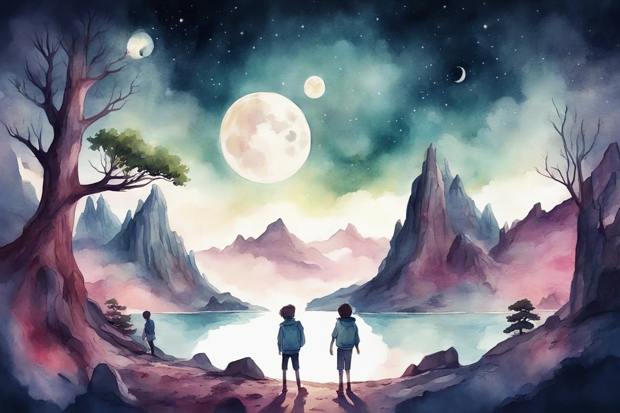 illustration concept art water color style for teenagers in other planet watching the moon and mountains having adventure two teenagers mystery weird cretures trees exiting