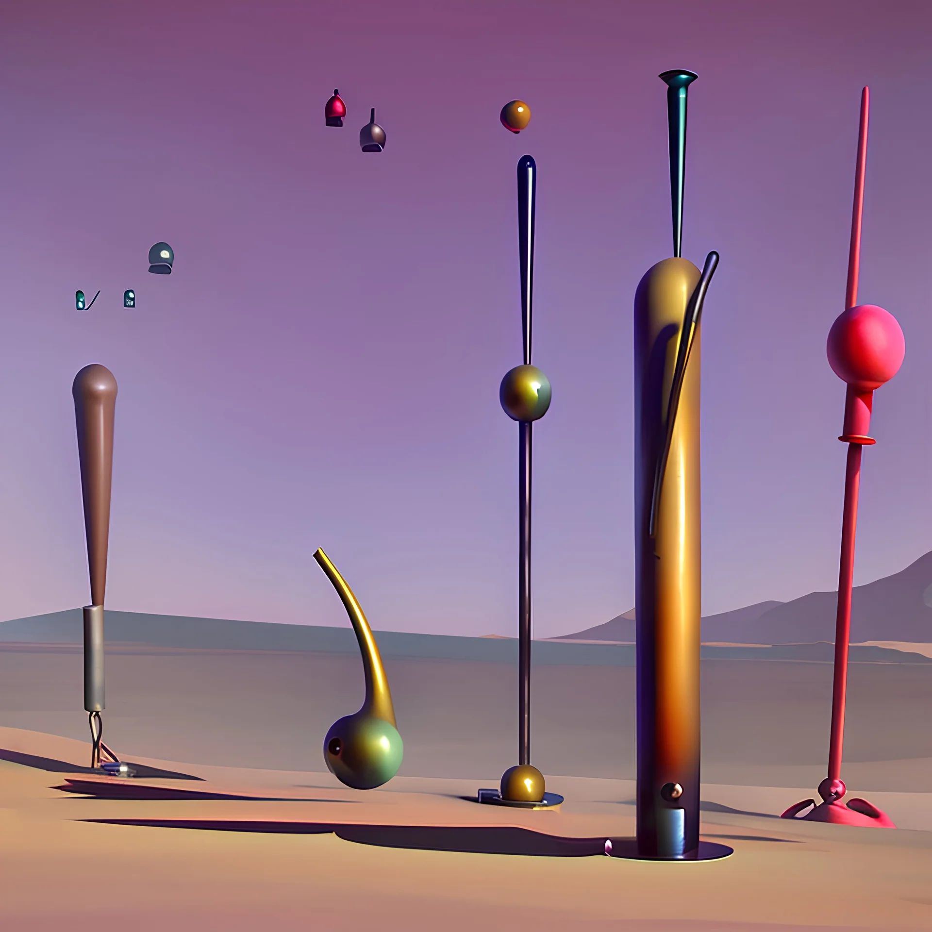 Odd spindle-shaped objects scattered over an arid wasteland in Yves Tanguy style