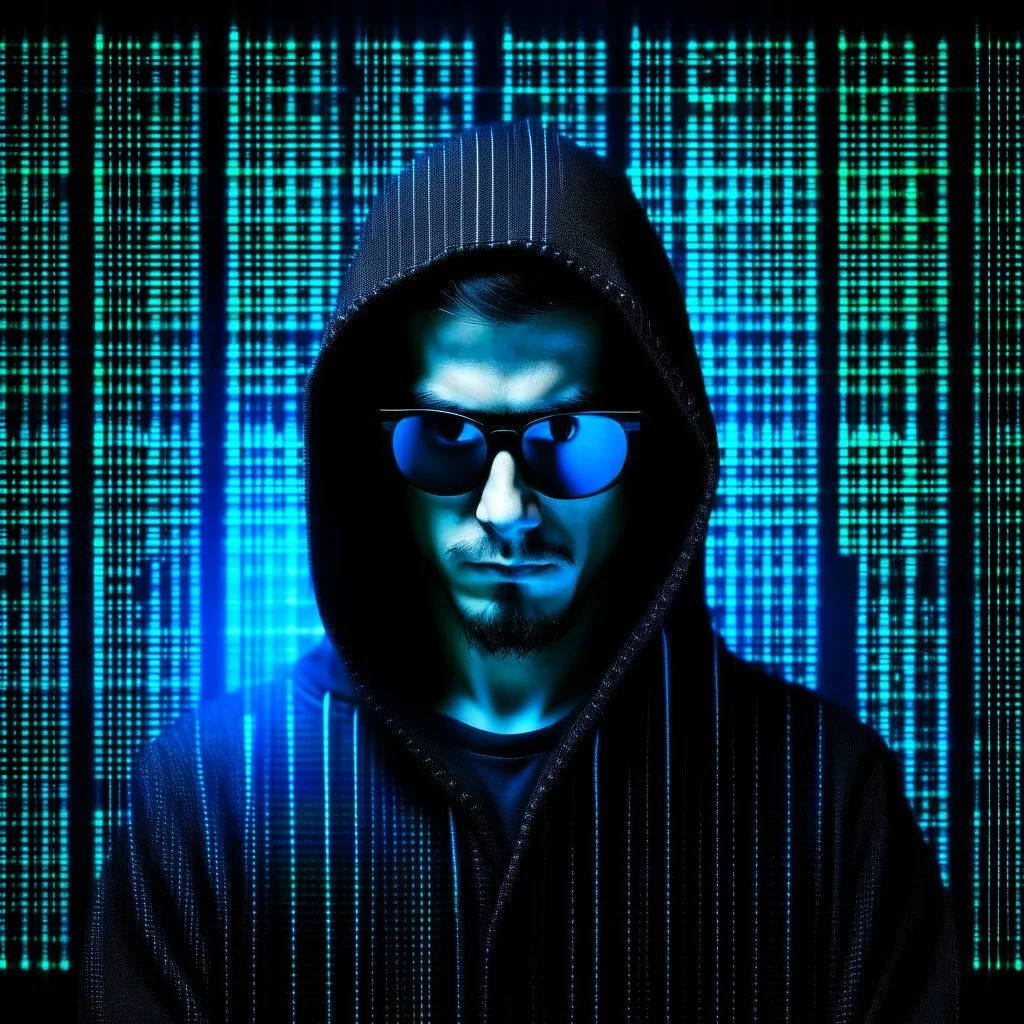 Cyber wizard using glasses with blue matrix backgroud