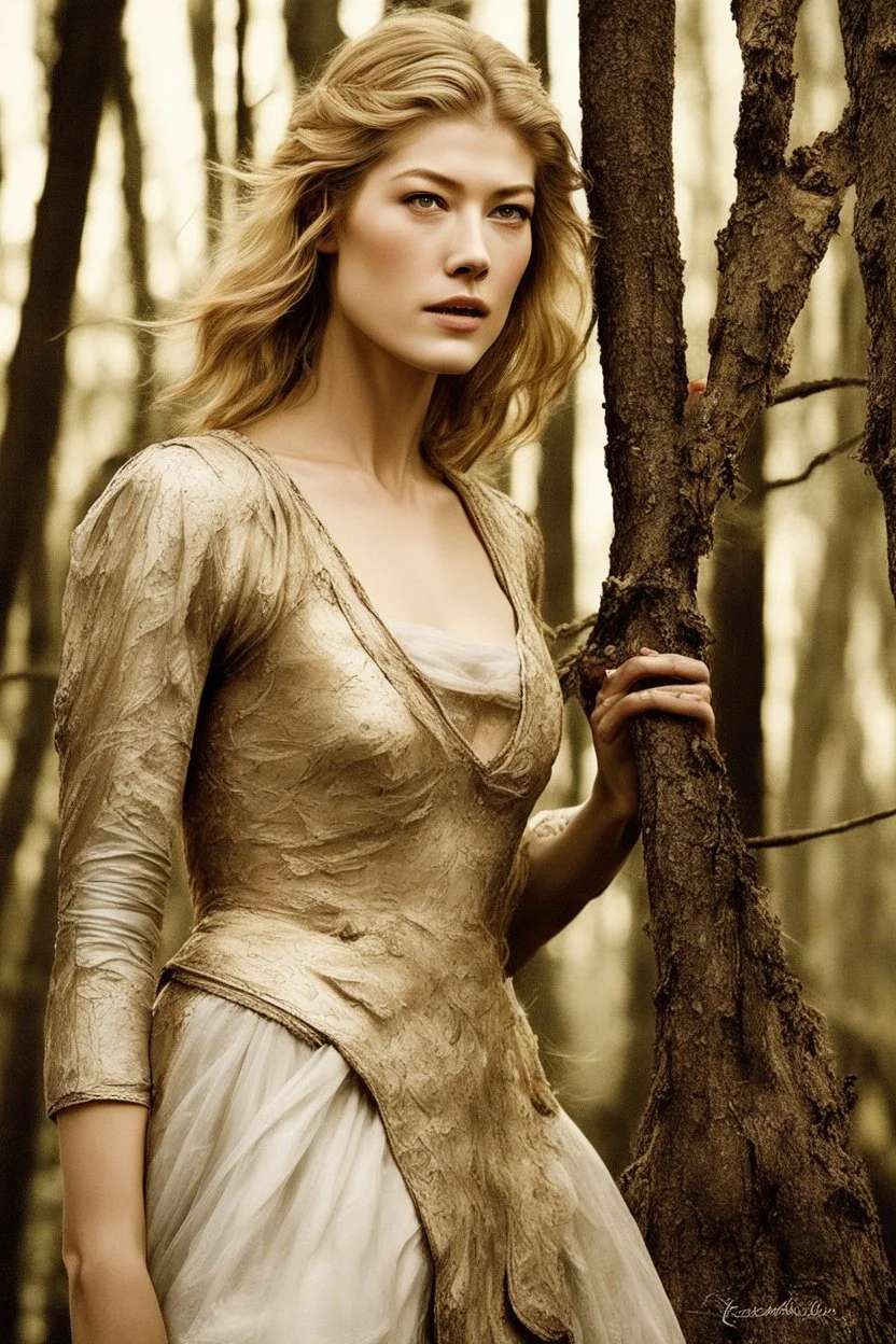 [Rosamund Pike] As the twin suns sank below the horizon, Rosamund allowed her ragged body some respite. Perched high in the tree, she watched flickering firelight dance across the encroaching shadows of night. Its golden glow played gently across her features, casting dancing forms upon the damp bark. Her haggard complexion was etched with tracks of exhaustion and defiance in equal measure. Yet in the fire's realm, for now she seemed at peace. Wrapped snugly in the nexu's black pelt, its fur exu