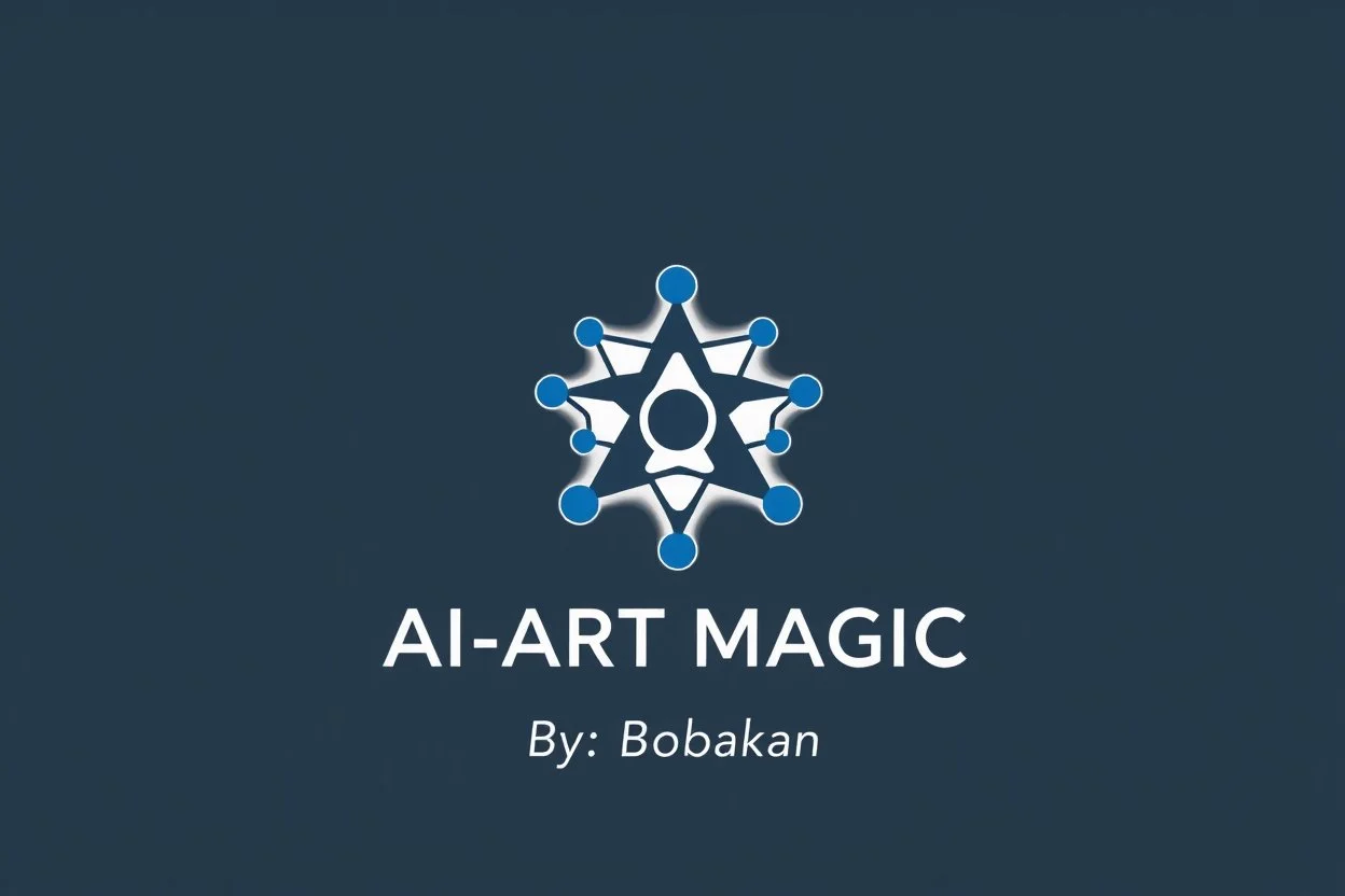 A minimalist and professional logo design for a 3D motion graphics studio. The icon features an abstract, geometric shape formed by flowing nodes and interconnected lines, symbolizing complex particle flow and procedural animation. Sleek, modern, and clean aesthetic. High contrast, vector style, white background, solid vibrant blue and deep charcoal grey color palette. Flat design, scalable, professional typography space underneath.add text "AI ART MAGIC By: Bbabakan" with pretty style.