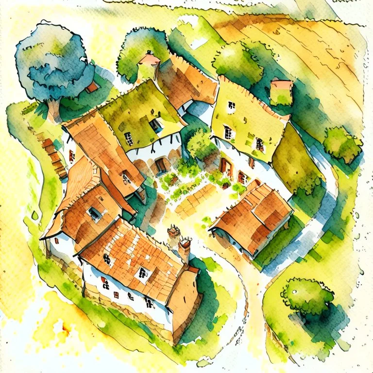 aerial view watercolour drawing of a village house in the style of art novel and torat