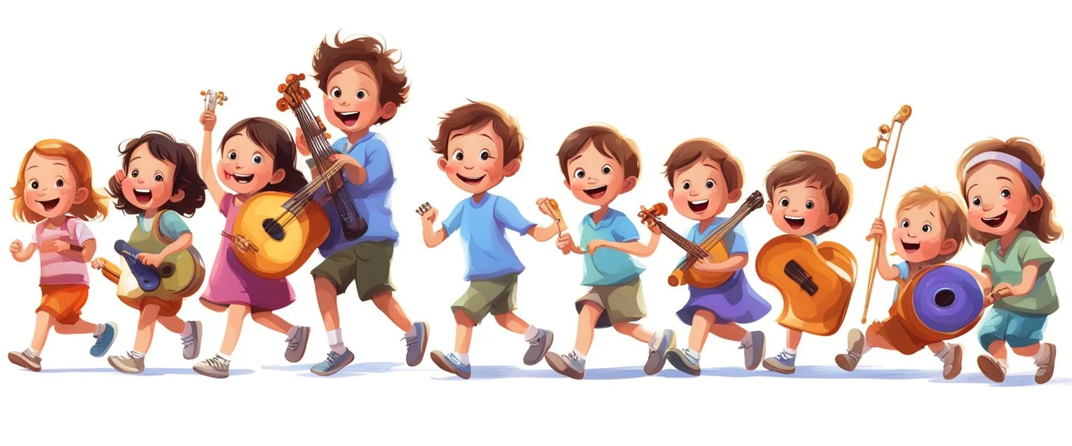 children joyfully walking with musical instruments. Pixar Digital painting illustration