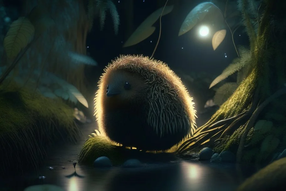 cute kiwi with thick fur in moonlit forest by stream, book illustration, fine detail, 4k, trending, volumetric light, depth of field