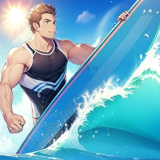 anime surfer boy, surfboard, waves, sun