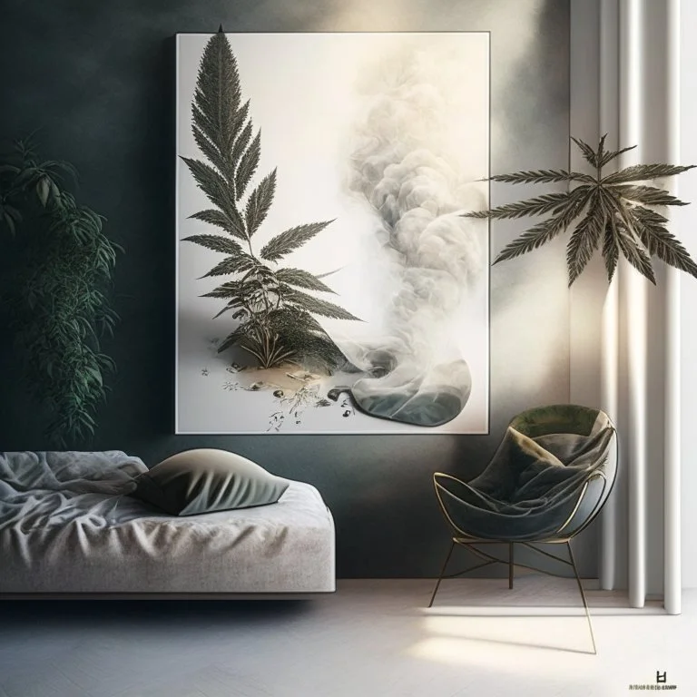 Design an artwork that showcases the pleasure and relaxation derived from indulging in hash and weed, using elements like soft textures, hazy atmospheres, and gentle curves to evoke a sense of tranquility and bliss.