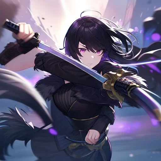 Clear focus,High resolution, Black short fluffy hair, and purple eyes, wearing a black outfit, must wear a short skirt, holding a glowing katana, fighting stance