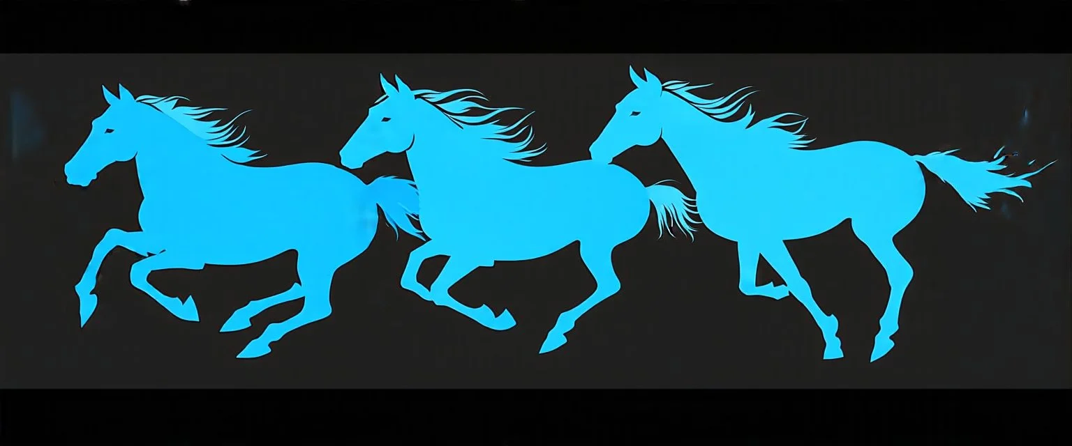 silhouette of 3 horses running, blue on black vector