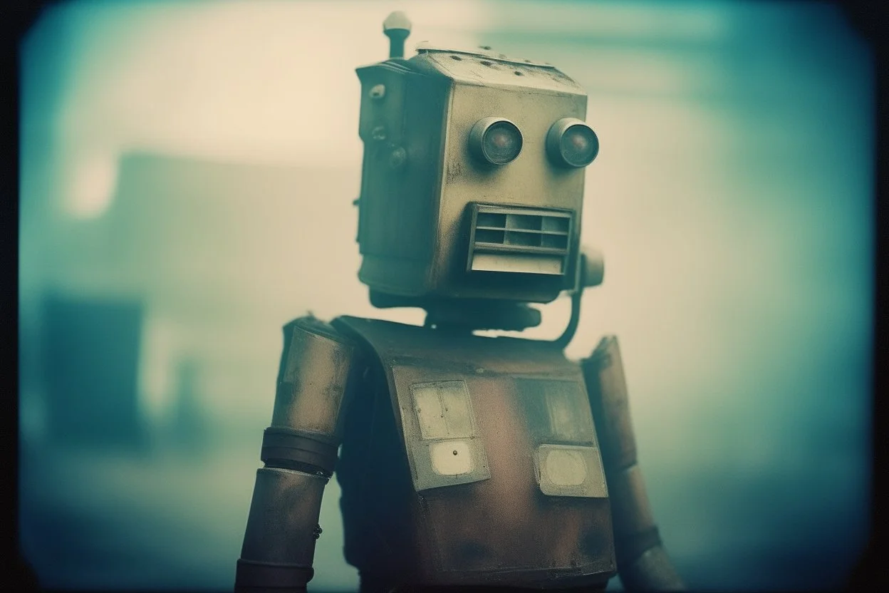 steampunk, vintage analog polaroid of a woman robot, female body, fog, lomography, heavy film grain, night, color bleed, depth of field, bokeh, retro, cyberpunk saggy granny woman, abandoned sci-fi town, future, sci-fi