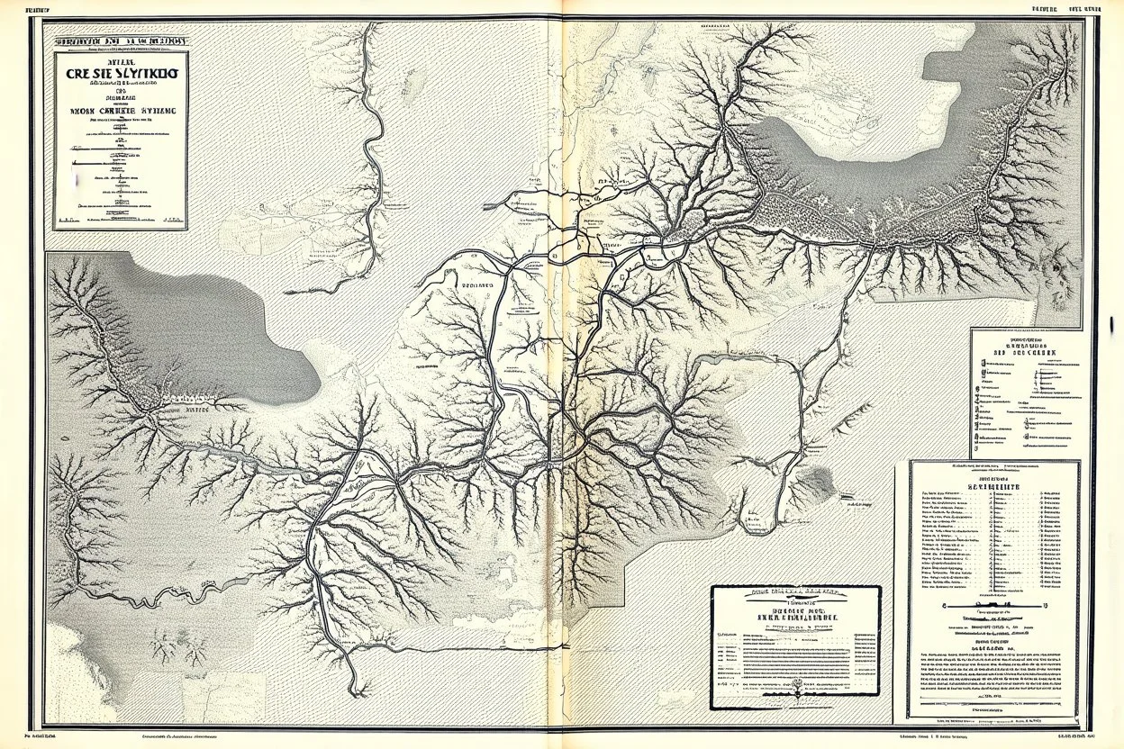 a scan of an ancient North American Cree printed road map of a fictional place that was black and white but has since been stained and weathered, uses Cree Syllabic for text
