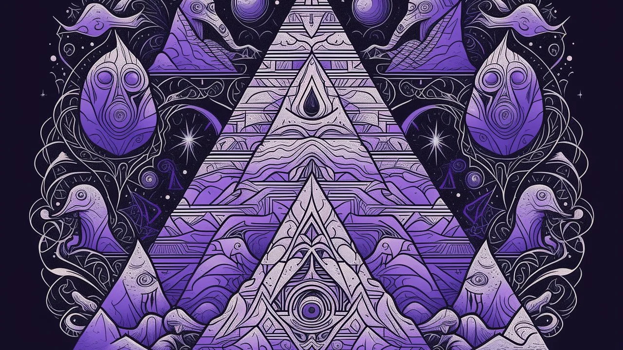 A purple haunted cosmic pyramid with ghosts designed in medieval tapestry