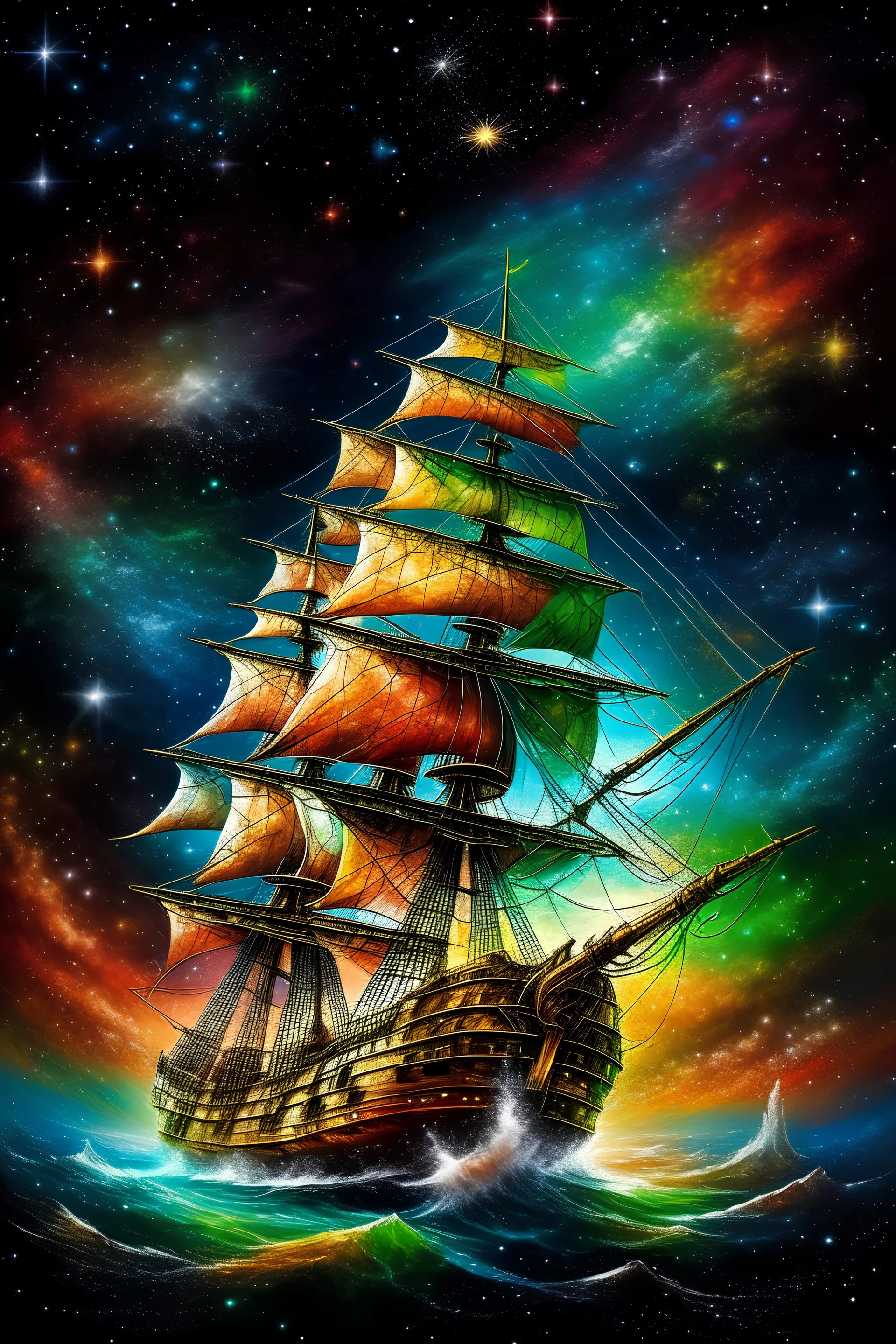 The Flying Dutchman's ship, in brilliant colors, sails in a sea between the stars