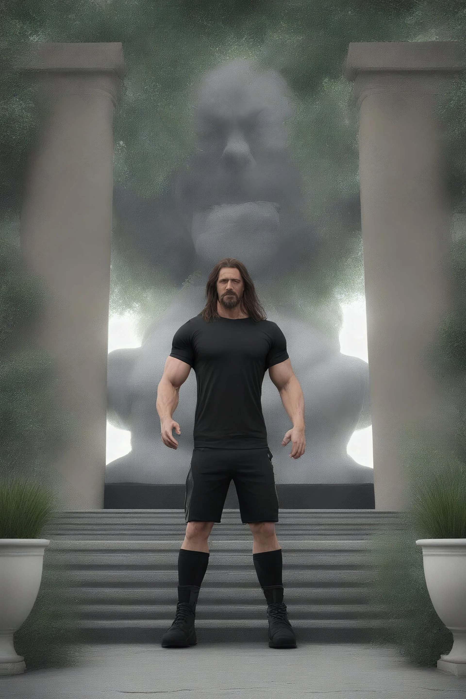 ProtoVision - Absolute Reality - Realism Engine XL - PhotoReal, What if Kat Dennings was an extremely muscular man with a goatee, wearing a black muscle shirt and Bermuda shorts, 4k, 8k, 32k UHD, Hyper realistic, extremely colorful, vibrant, photorealistic, realistic, sharp, highly detailed, professional quality, beautiful, awesome, majestic, superb, trending on artstation, pleasing, lovely, Cinematic, gorgeous,