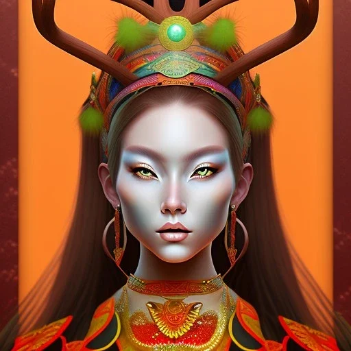 Mongol Goddess with antlers, portrait, detailed