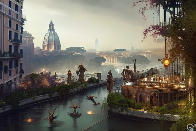 Tevere+river+Bar on garden rooftops +Rome mixed new york +Skyscraper +steampunk+biopunk+alphonse mucha, greg rutkowski,matte painting, cryengine, hyper detailed, felix kelly, fantasy art, seb mckinnon