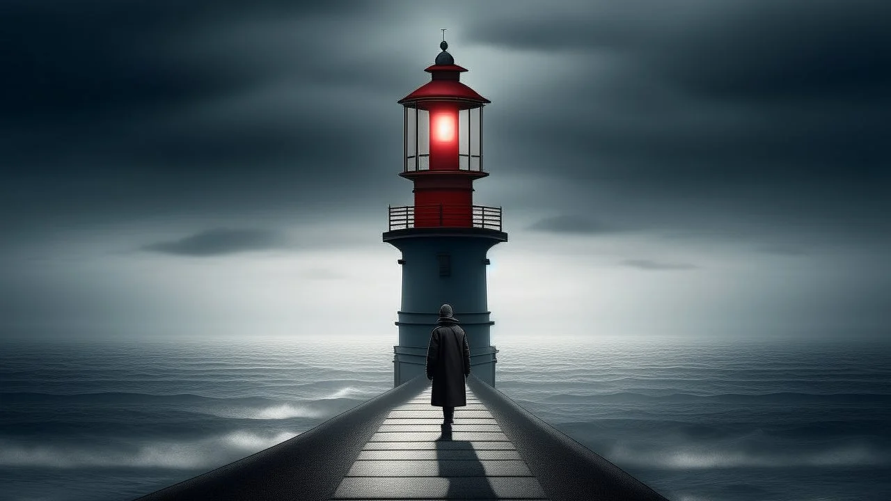 Imagen creativa sobre la soledad. Un hombre con cabeza de farol esperando un tren que no llega, en un faro en mitad del océano, en un tiempo detenido. Elemento simbólico: un paraguas olvidado. Atmósfera de recogimiento. Iluminación: luz difusa de día nublado. Paleta de negro profundo con un único punto rojo. Composición: plano medio frontal y simétrico. Acabado: arañazos de negativo antiguo. Técnica y estilo: interior luminoso al estilo de Johannes Vermeer. Fotograma de Super 8.