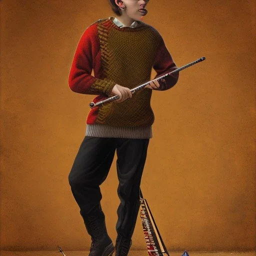 young man with flute, irish sweater, playing music