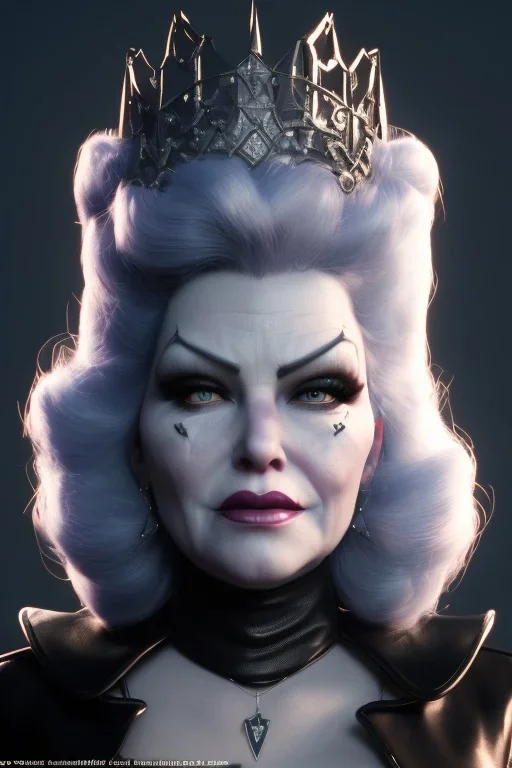 Mae West as evil queen in black leather, leather, busty, cleavage, angry, stern look. character design by cory loftis, fenghua zhong, ryohei hase, ismail inceoglu and ruan jia. unreal engine 5, artistic lighting, highly detailed, photorealistic, fantasy