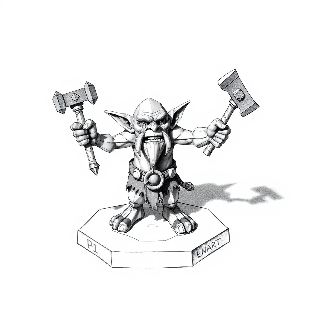 low poly, goblin troll miniature model half painted arms outstretched holding battle hammer offering gift, standing on black and white pencil drawn hexagon grid, dwarf is whacking finger on hands and shadows of artist