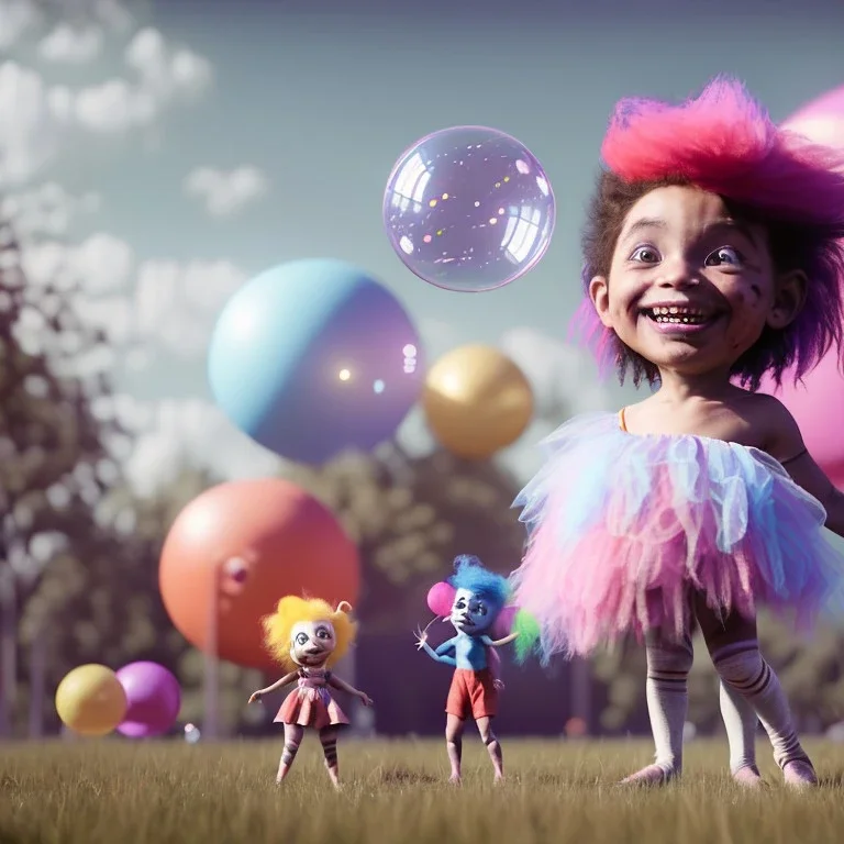 Ultra realistic circus scene. Sweet hair monster and Child’s playing, smile, happy, color bubbles, smooth color, waist up view, Wes Anderson style, dark ambient, highly detailed, concept art, unreal engine 5, god rays, ray tracing, RTX, lumen lighting, ultra detail, volumetric lighting, 3d, finely drawn, high definition, high resolution.