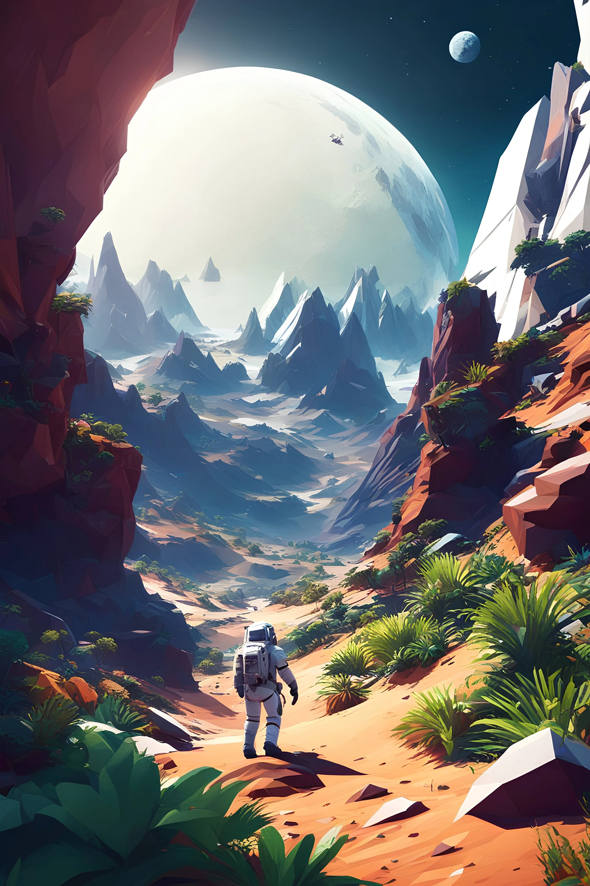 (((close midshot))), (((low poly art:2))), (astronaut), ultra-detailed illustration of an environment on a dangerous:1.2 exotic planet with plants and wild (animals:1.5), (vast open world), astroneer inspired, highest quality, no lines, no outlines candid photography. by Lekrot