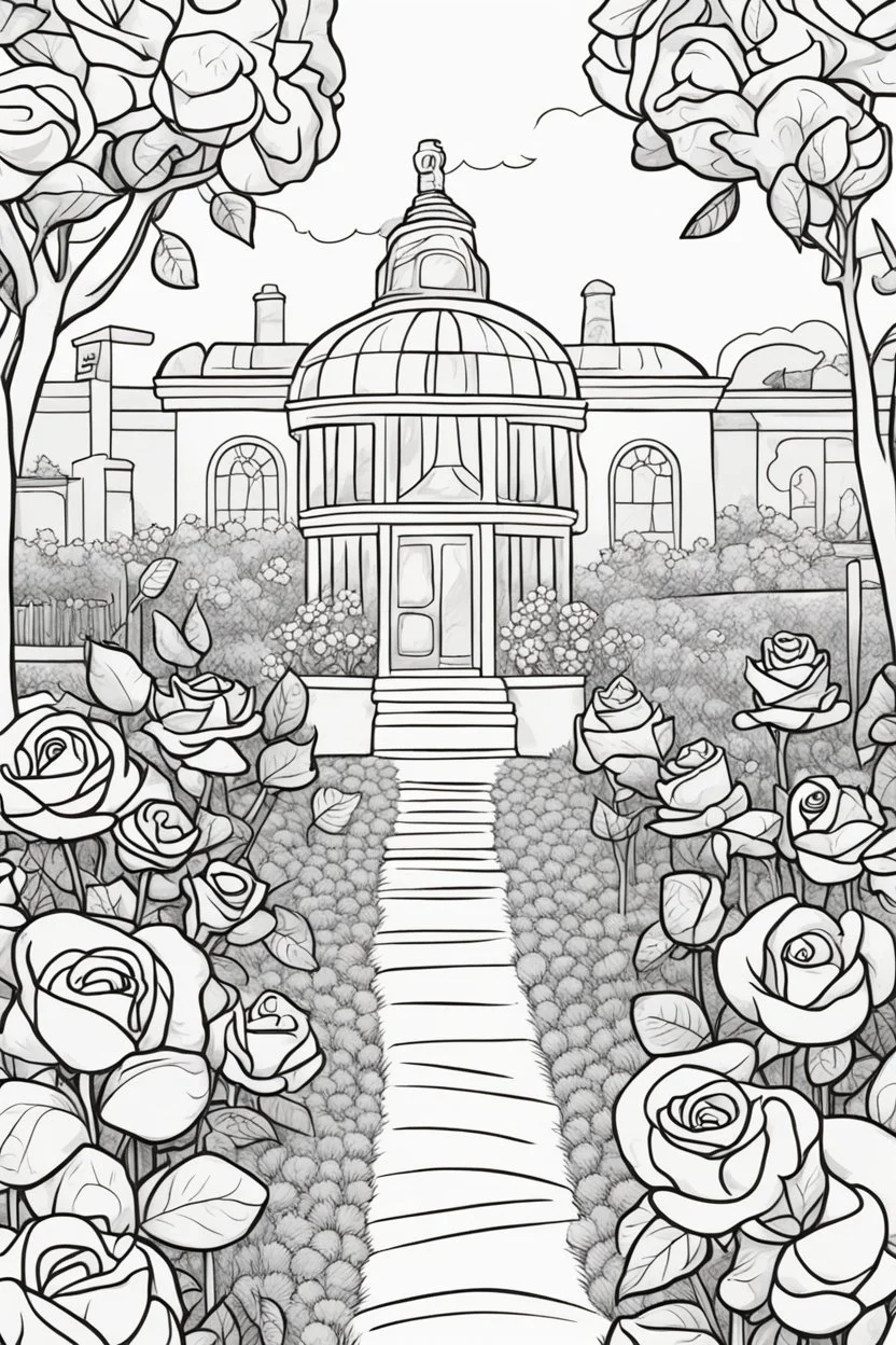 kids coloring page, rose garden, cartoon style, thick lines, low detail, no shading