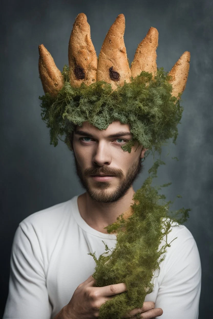 photo shoot of self aware werewolf bread with sea weed crown