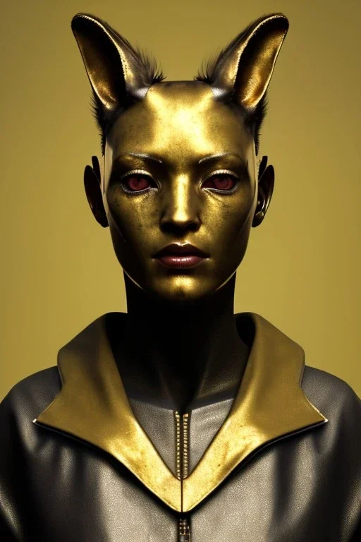 Medium Close Up Portrait, Front image. cyberpunk, rabbit mask, sweet woman, gold hair. Leather, feather suit. Yellow, red, color. Geisha style. Color background, photo studio. Avatar image, highly detailed, concept art, smooth, unreal engine 5, ray tracing, RTX, lumen lighting, ultra detail, volumetric lighting, 3d, finely drawn, high definition, high resolution.