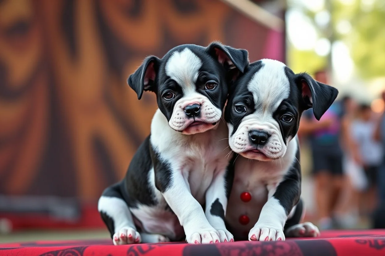 Evil Clown Puppy, two puppies in Insane Clown Posse black and white face paint, ICP, background is a ICP rap festival