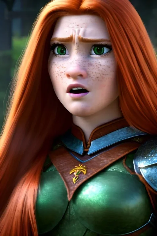 hyper realist, hyper detailed, stunningly beautiful teen woman, long ginger hair, green eyes, medium freckles, full lips, skimpy fantasy intricate leather armour, full body and head, c-cup breasts, shocked expression, centred camera, full frame, petite, centered camera