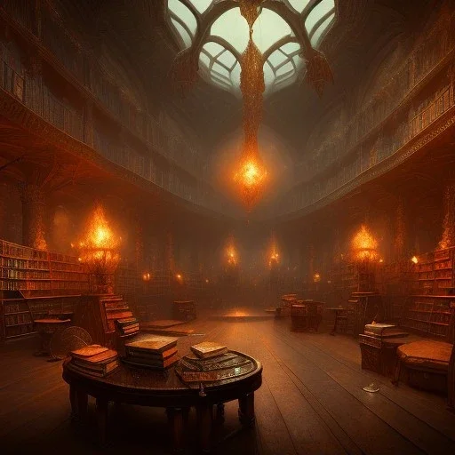 dark fantasy concept art, dynamic lighting, hyperdetailed, intricately detailed, Splash screen art, deep color, Unreal Engine, volumetric lighting, fantasy library artwork, indoors, cozy, leather, wood, library, books,