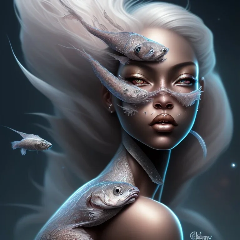 fantasy magic, intricate, sharp focus, illustration, highly detailed, digital painting, concept art, matte, masterpiece head sexy front view black African beauty space lady silver carp skin one head blonde space night